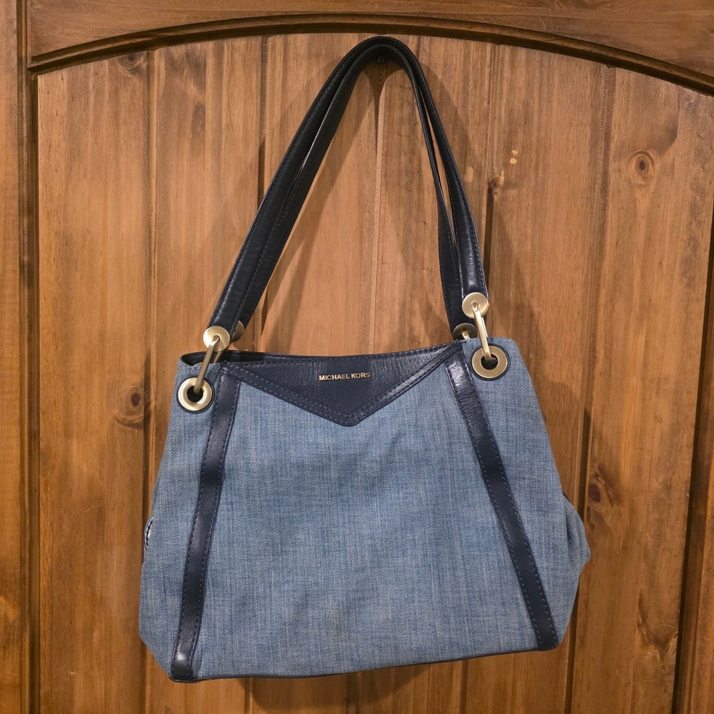 Michael Kors Shoulder Bag Womens Medium Blue Denim Leather Tote Handbag NWOT